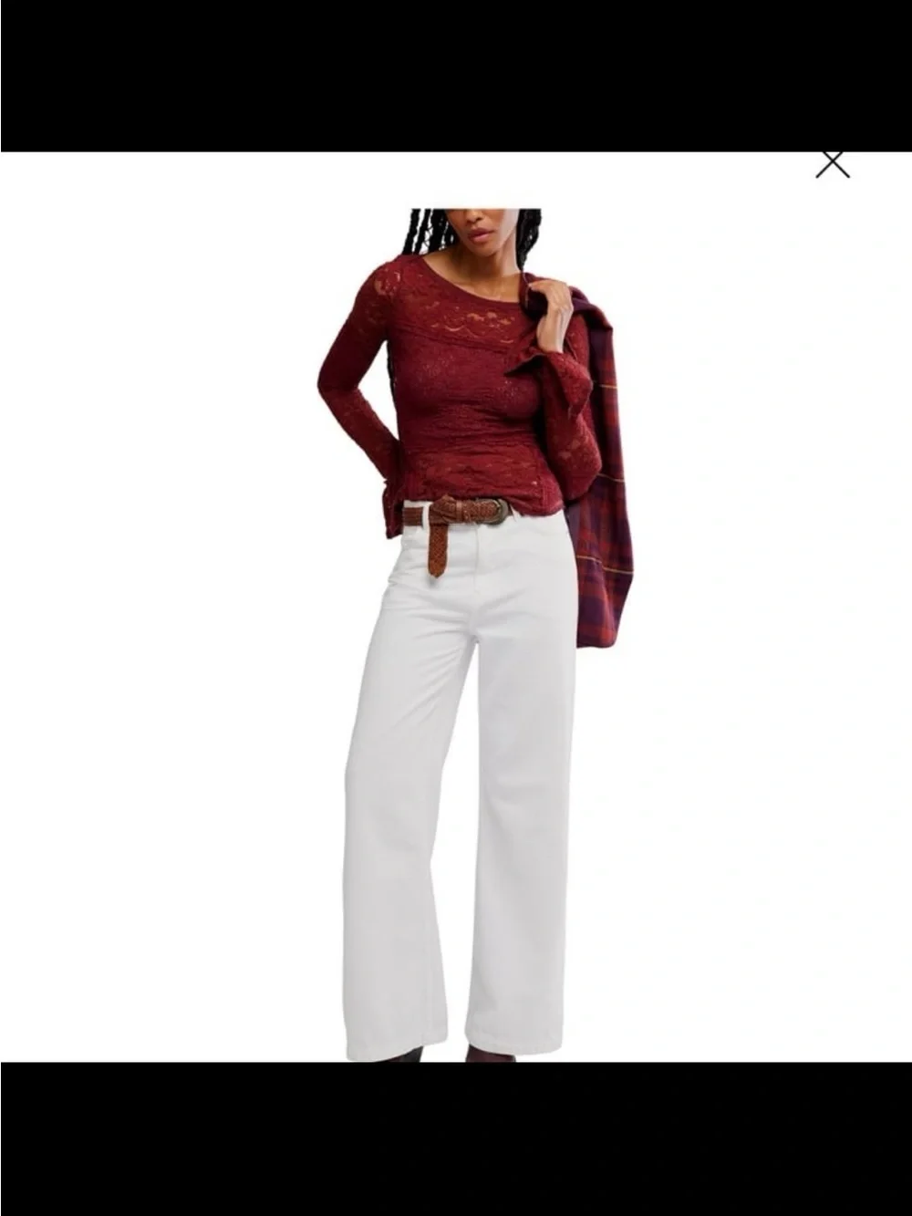 Free People Burgundy Lace Long-Sleeve Boatneck Top lace sheer